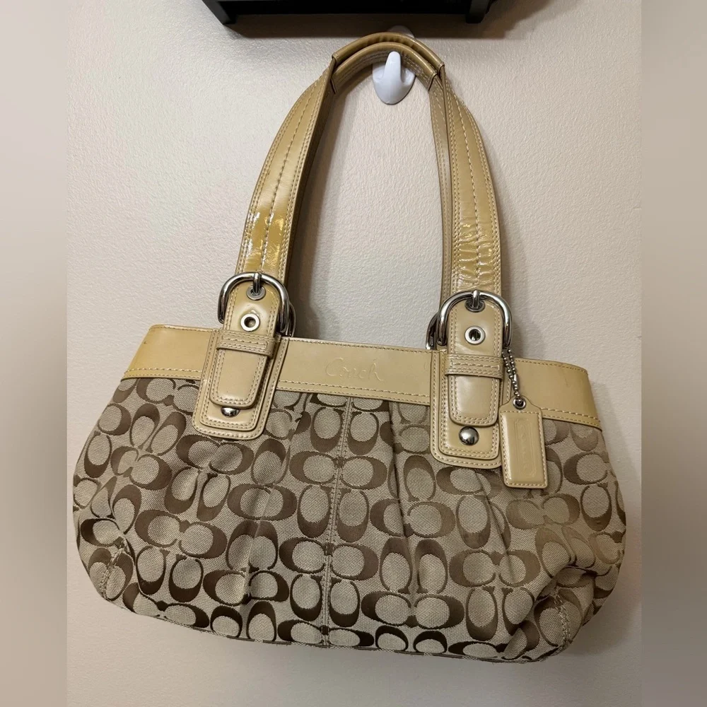 Coach Beige Monogram Shoulder Bag with Cream Trim#F13742